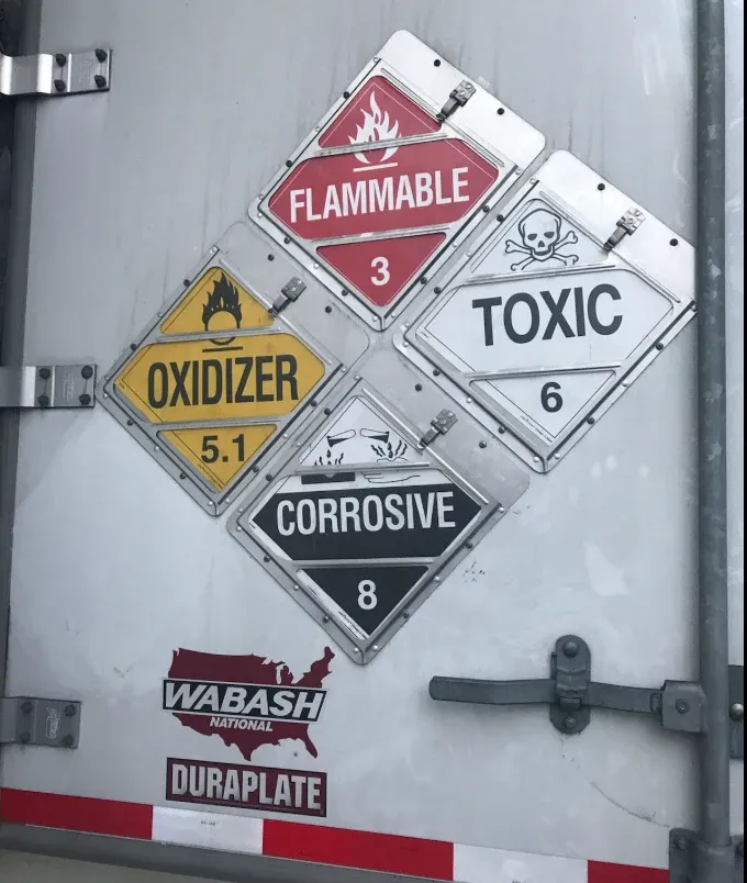 Four-way hazmat placard holder on the rear door of one of our trailers showing Class 3 Flammable, Class 5.1 Oxidizer, Class 6 Toxic and Class 8 Corrosive placards