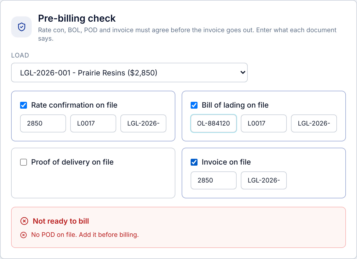 FlowLine pre-billing check showing rate confirmation, bill of lading, proof of delivery and invoice status with a Not ready to bill warning